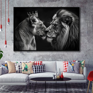 Black And White Couple Lion Art, Floating Frame, Framed Canvas Print Wall Art Home Decor