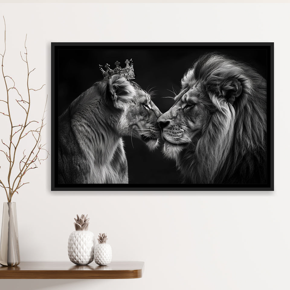 Black And White Couple Lion Art, Floating Frame, Framed Canvas Print Wall Art Home Decor