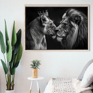 Black And White Couple Lion Art, Floating Frame, Framed Canvas Print Wall Art Home Decor