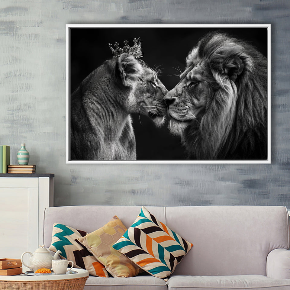 Black And White Couple Lion Art, Floating Frame, Framed Canvas Print Wall Art Home Decor