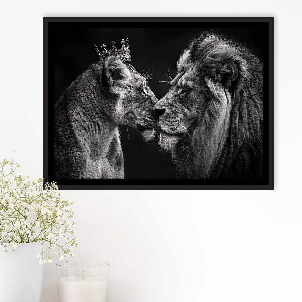 Black And White Couple Lion Art, Floating Frame, Framed Canvas Print Wall Art Home Decor