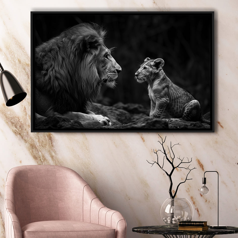 Black And White Lion Dad And Son, Floating Frame, Framed Canvas Print Wall Art Home Decor