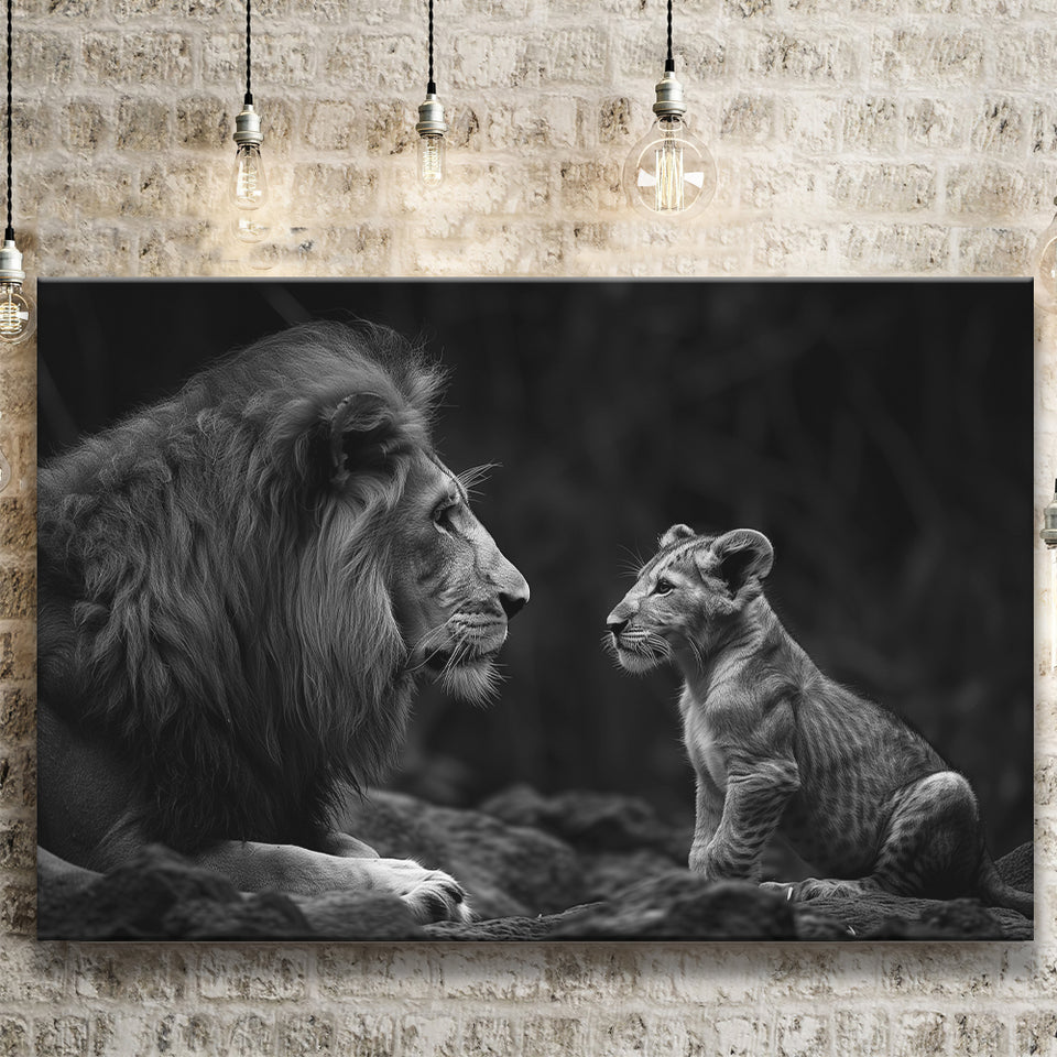 Black And White Lion Dad And Son, Art Print, Canvas Print Wall Art Home Decor