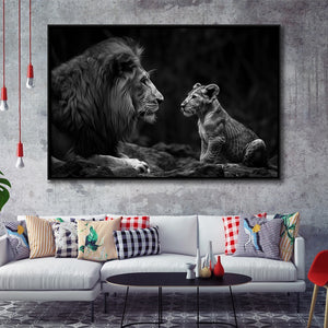 Black And White Lion Dad And Son, Floating Frame, Framed Canvas Print Wall Art Home Decor