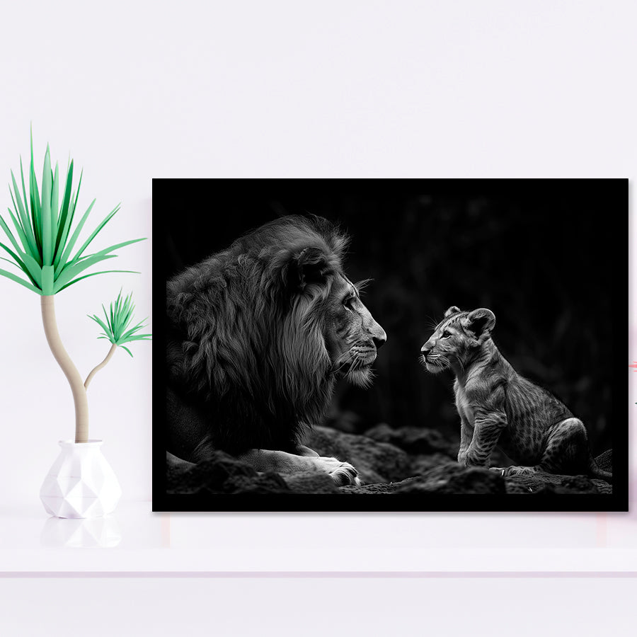 Black And White Lion Dad And Son, Painting Art, Framed Art Print Wall Art Home Decor