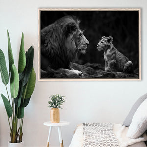 Black And White Lion Dad And Son, Floating Frame, Framed Canvas Print Wall Art Home Decor