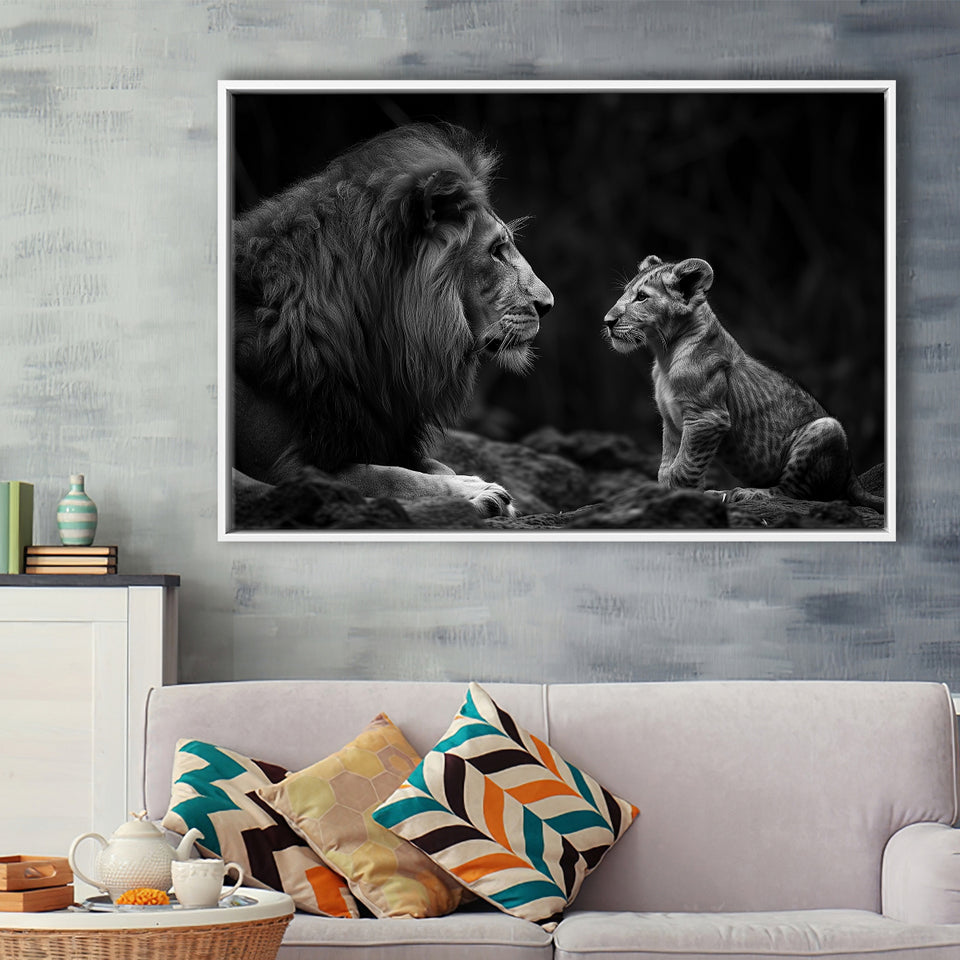 Black And White Lion Dad And Son, Floating Frame, Framed Canvas Print Wall Art Home Decor