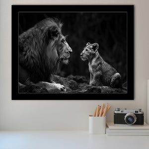 Black And White Lion Dad And Son, Painting Art, Framed Art Print Wall Art Home Decor