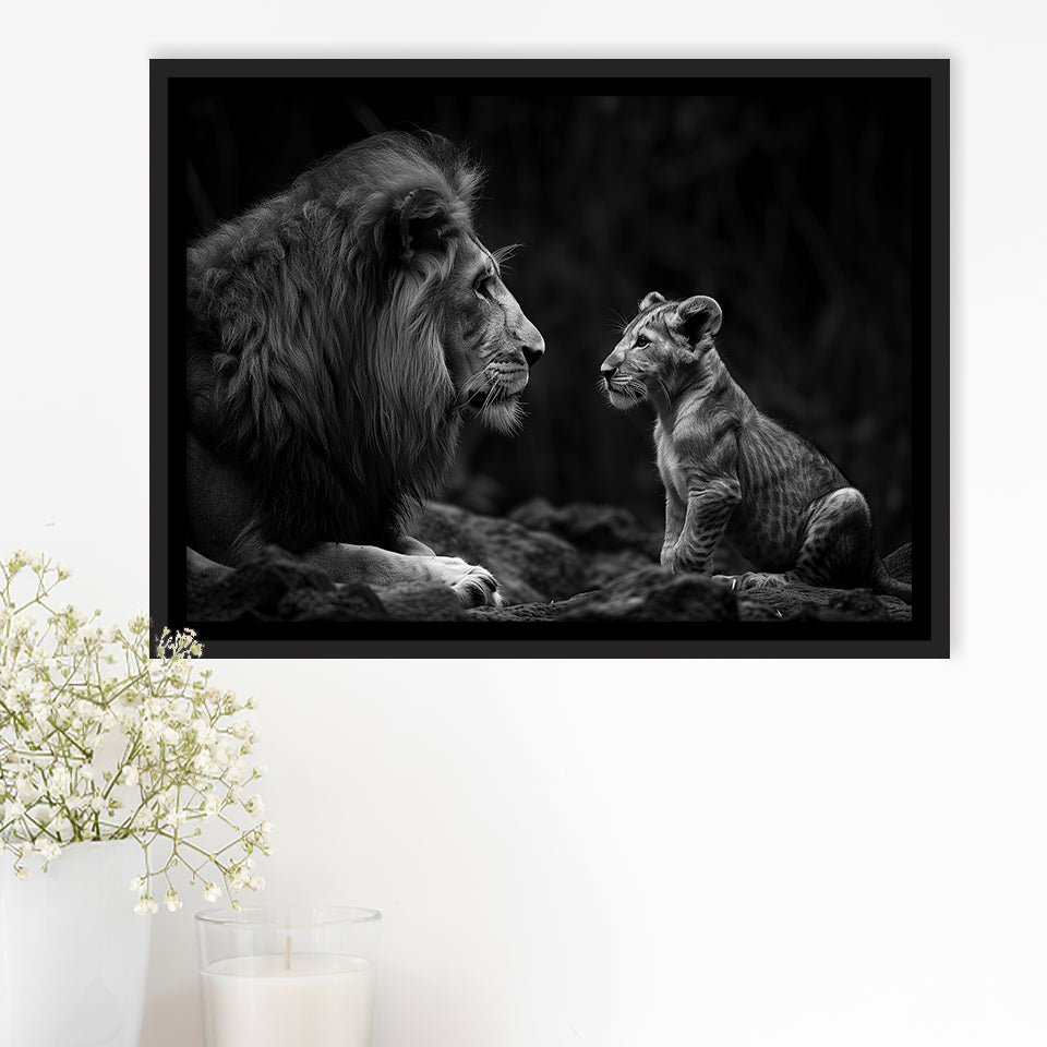 Black And White Lion Dad And Son, Floating Frame, Framed Canvas Print Wall Art Home Decor