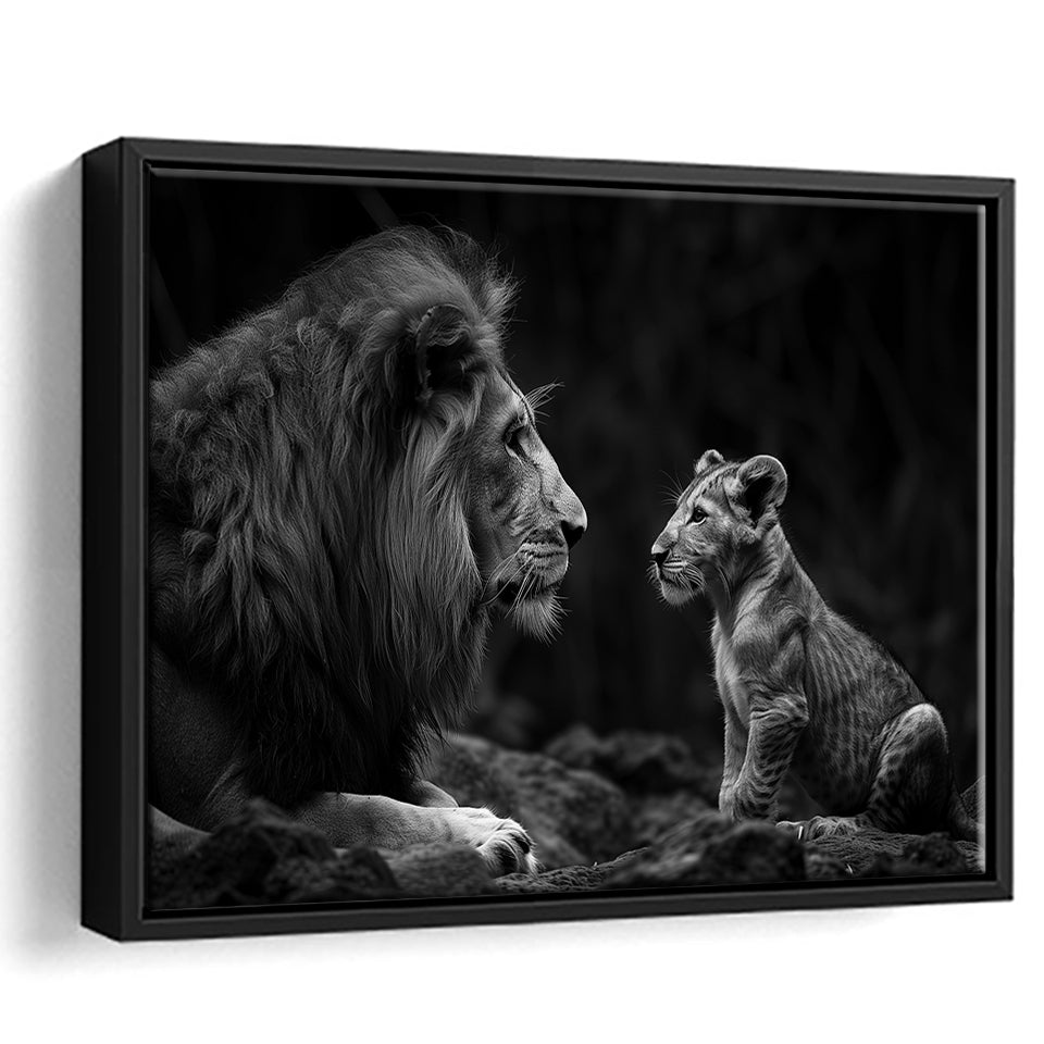 Black And White Lion Dad And Son, Floating Frame, Framed Canvas Print Wall Art Home Decor