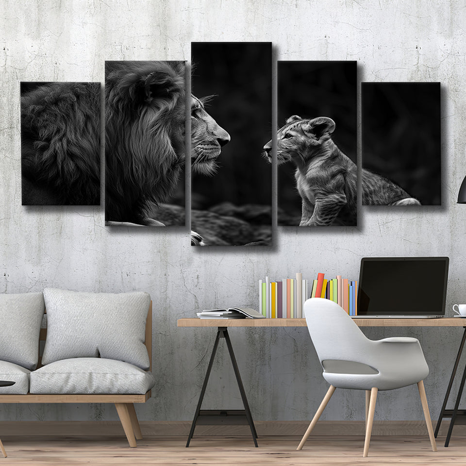 Black And White Lion Dad And Son, Multi Panel,Mixed Canvas Print Wall Art Decor