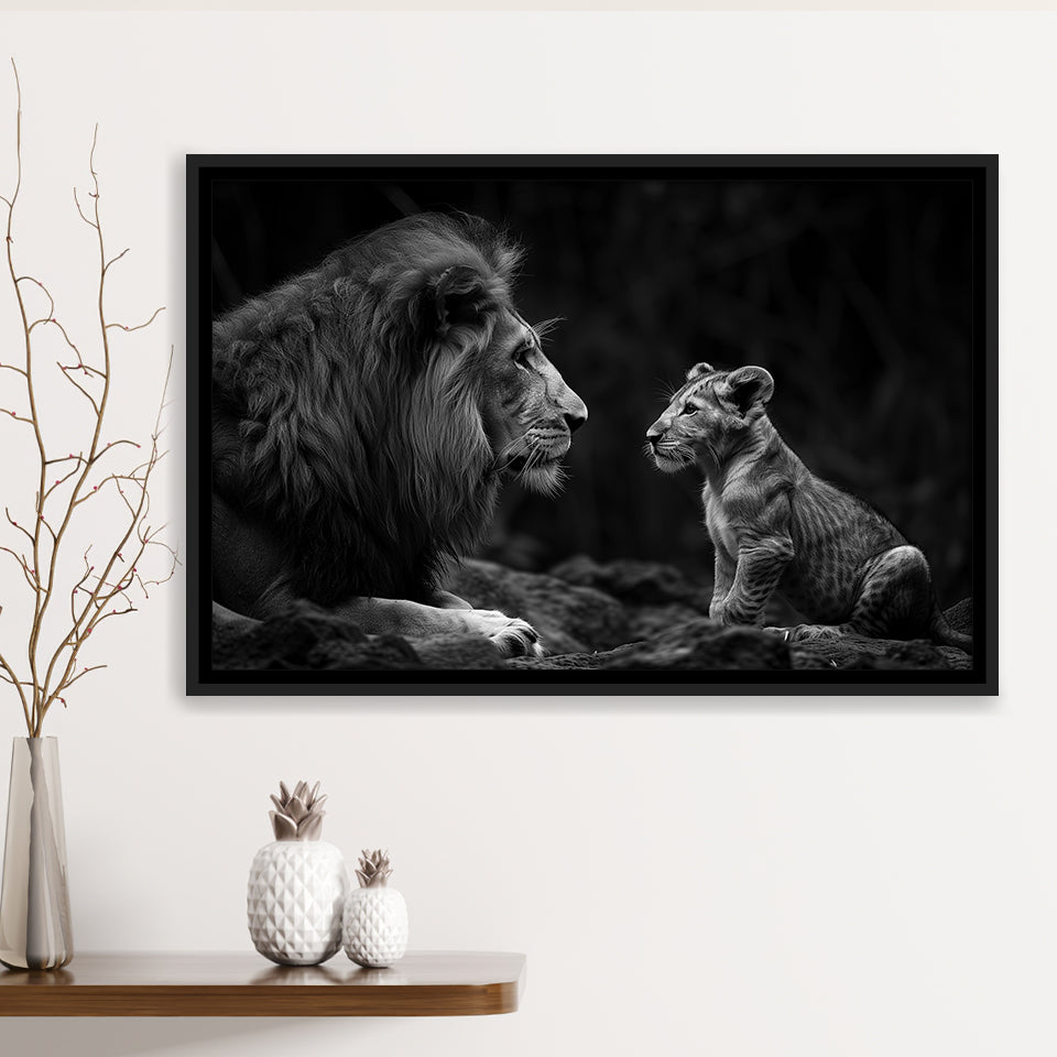 Black And White Lion Dad And Son, Floating Frame, Framed Canvas Print Wall Art Home Decor