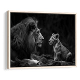 Black And White Lion Dad And Son, Floating Frame, Framed Canvas Print Wall Art Home Decor