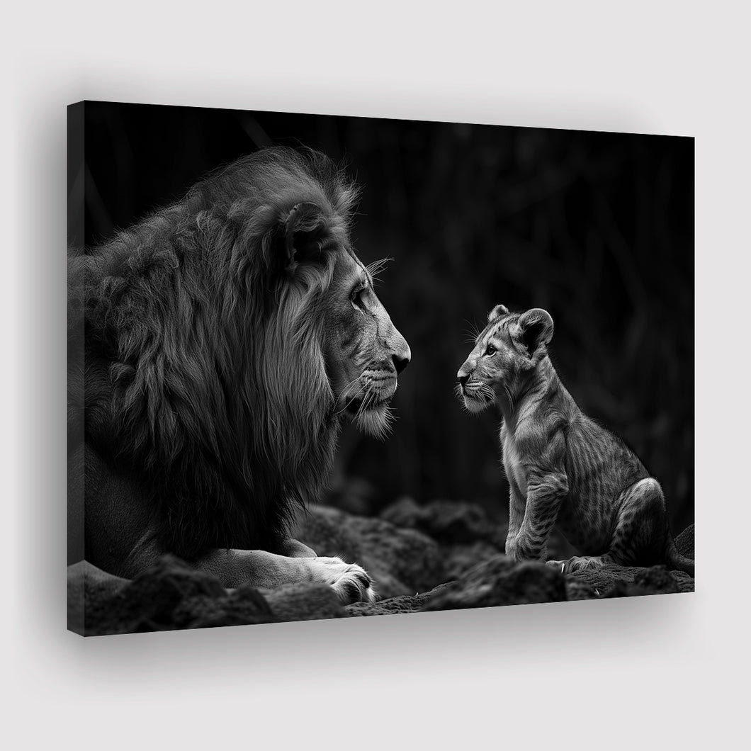 Black And White Lion Dad And Son, Art Print, Canvas Print Wall Art Home Decor