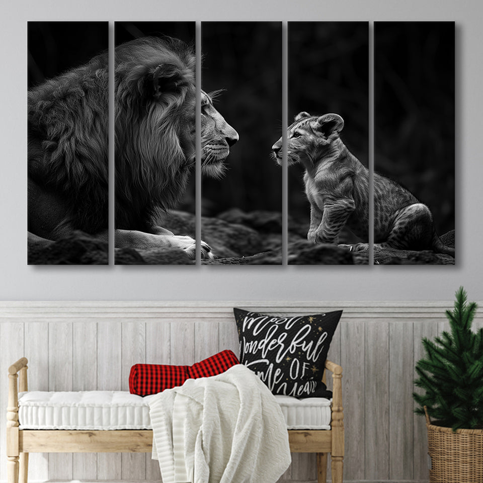 Black And White Lion Dad And Son, Extra Large Canvas, Canvas Print Wall Art Decor