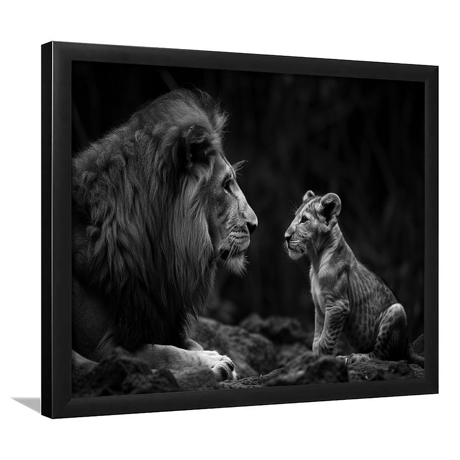 Black And White Lion Dad And Son, Painting Art, Framed Art Print Wall Art Home Decor