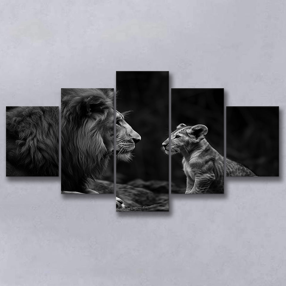 Black And White Lion Dad And Son, Multi Panel,Mixed Canvas Print Wall Art Decor