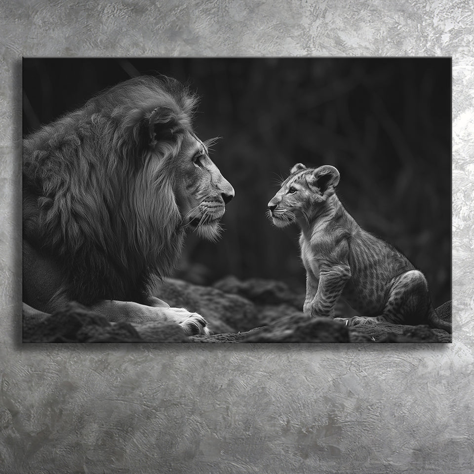 Black And White Lion Dad And Son, Art Print, Canvas Print Wall Art Home Decor