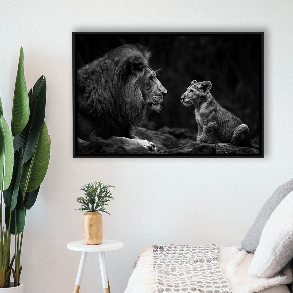 Black And White Lion Dad And Son, Floating Frame, Framed Canvas Print Wall Art Home Decor