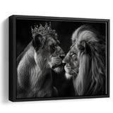 Black And White  Couple Lion King And Lioness, Floating Frame, Framed Canvas Print Wall Art Home Decor