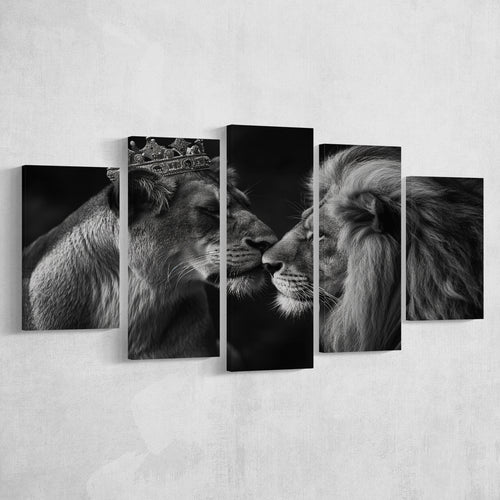 Black And White  Couple Lion King And Lioness, Multi Panel,Mixed Canvas Print Wall Art Decor