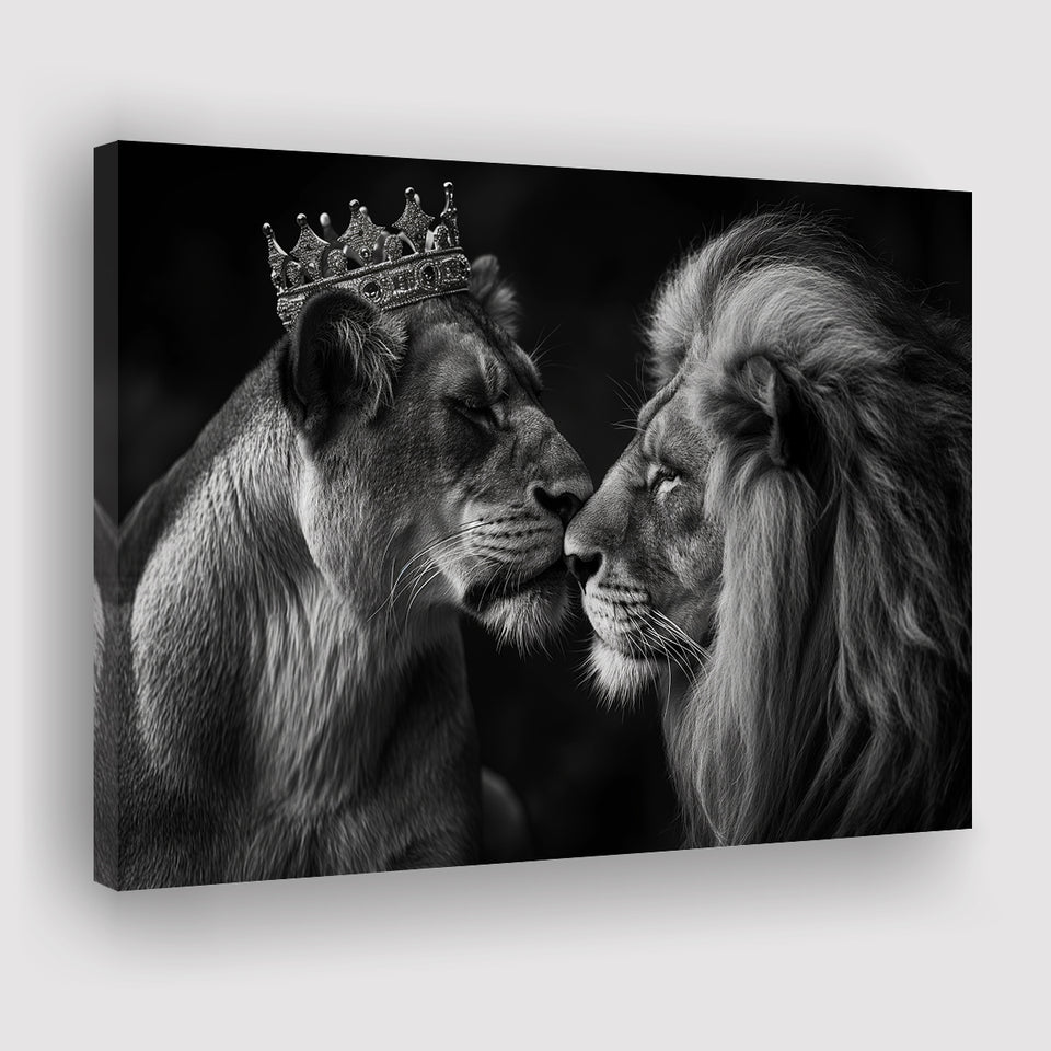Black And White  Couple Lion King And Lioness, Art Print, Canvas Print Wall Art Home Decor