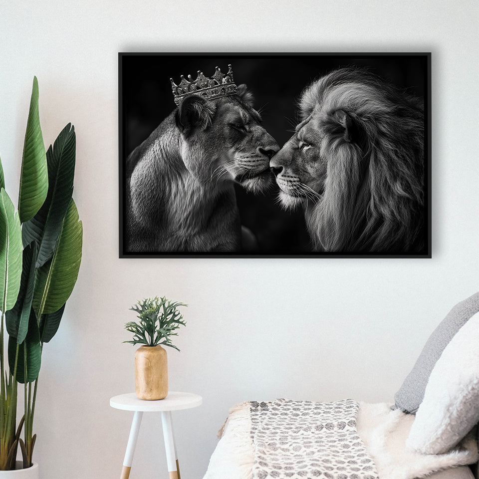 Black And White  Couple Lion King And Lioness, Floating Frame, Framed Canvas Print Wall Art Home Decor