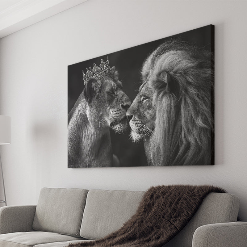 Black And White  Couple Lion King And Lioness, Art Print, Canvas Print Wall Art Home Decor