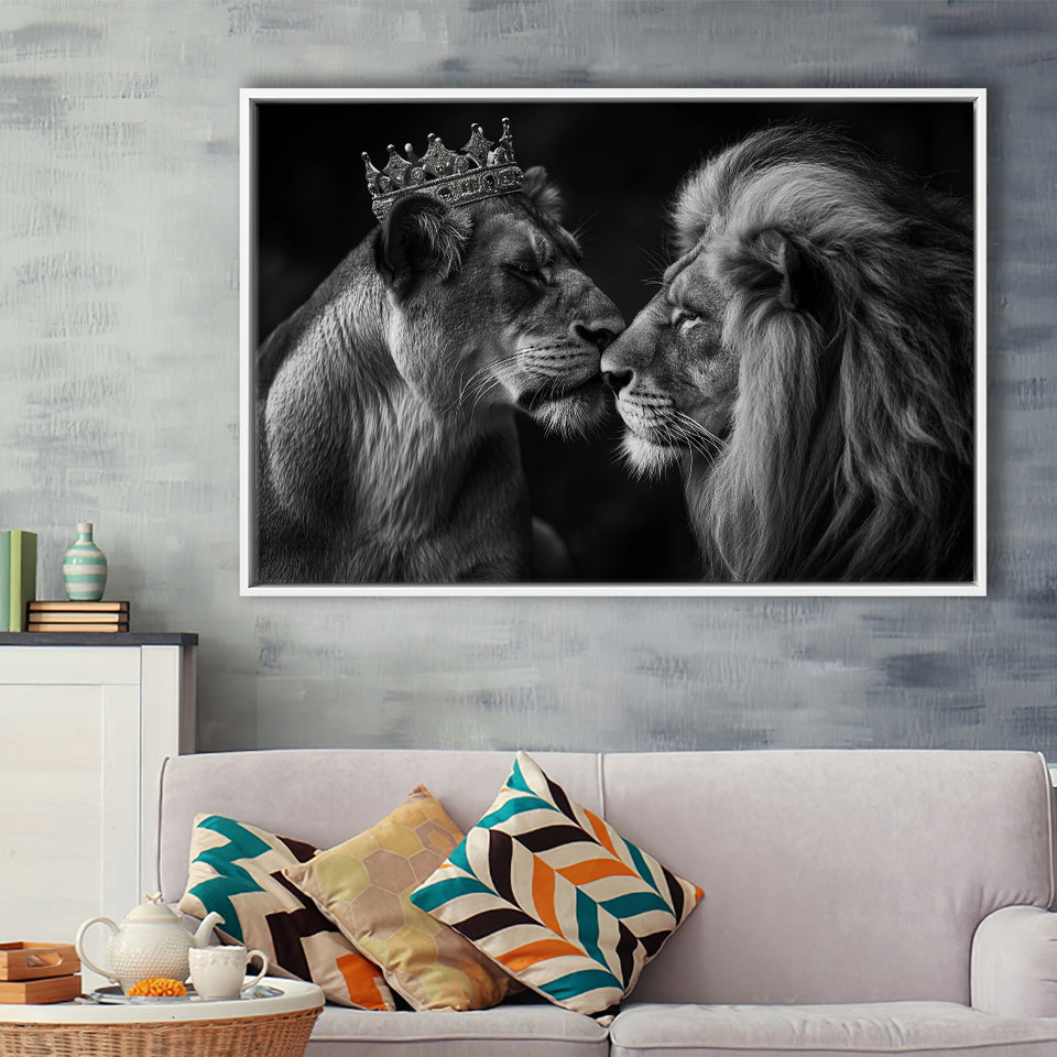 Black And White  Couple Lion King And Lioness, Floating Frame, Framed Canvas Print Wall Art Home Decor