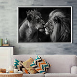 Black And White  Couple Lion King And Lioness, Floating Frame, Framed Canvas Print Wall Art Home Decor