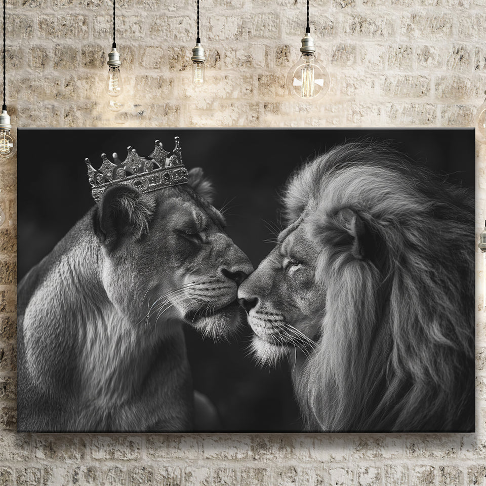 Black And White  Couple Lion King And Lioness, Art Print, Canvas Print Wall Art Home Decor
