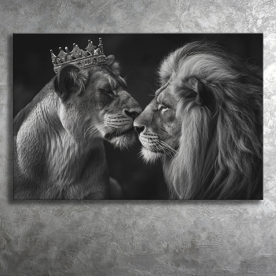 Black And White  Couple Lion King And Lioness, Art Print, Canvas Print Wall Art Home Decor