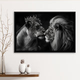 Black And White  Couple Lion King And Lioness, Floating Frame, Framed Canvas Print Wall Art Home Decor