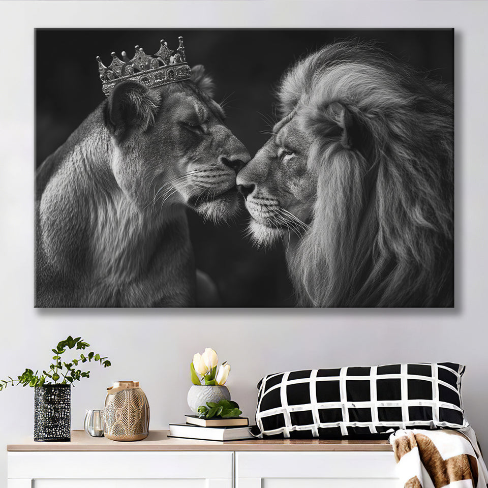 Black And White  Couple Lion King And Lioness, Art Print, Canvas Print Wall Art Home Decor