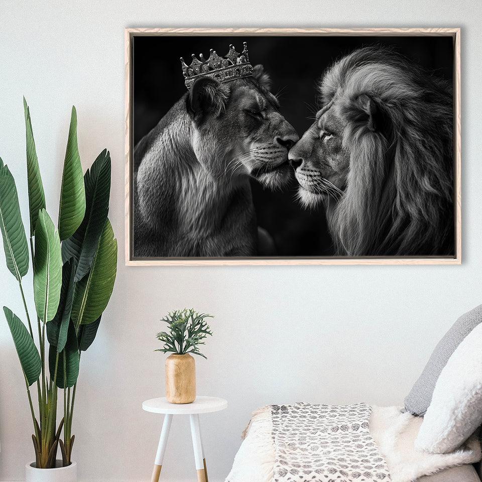 Black And White  Couple Lion King And Lioness, Floating Frame, Framed Canvas Print Wall Art Home Decor