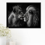 Black And White  Couple Lion King And Lioness, Floating Frame, Framed Canvas Print Wall Art Home Decor