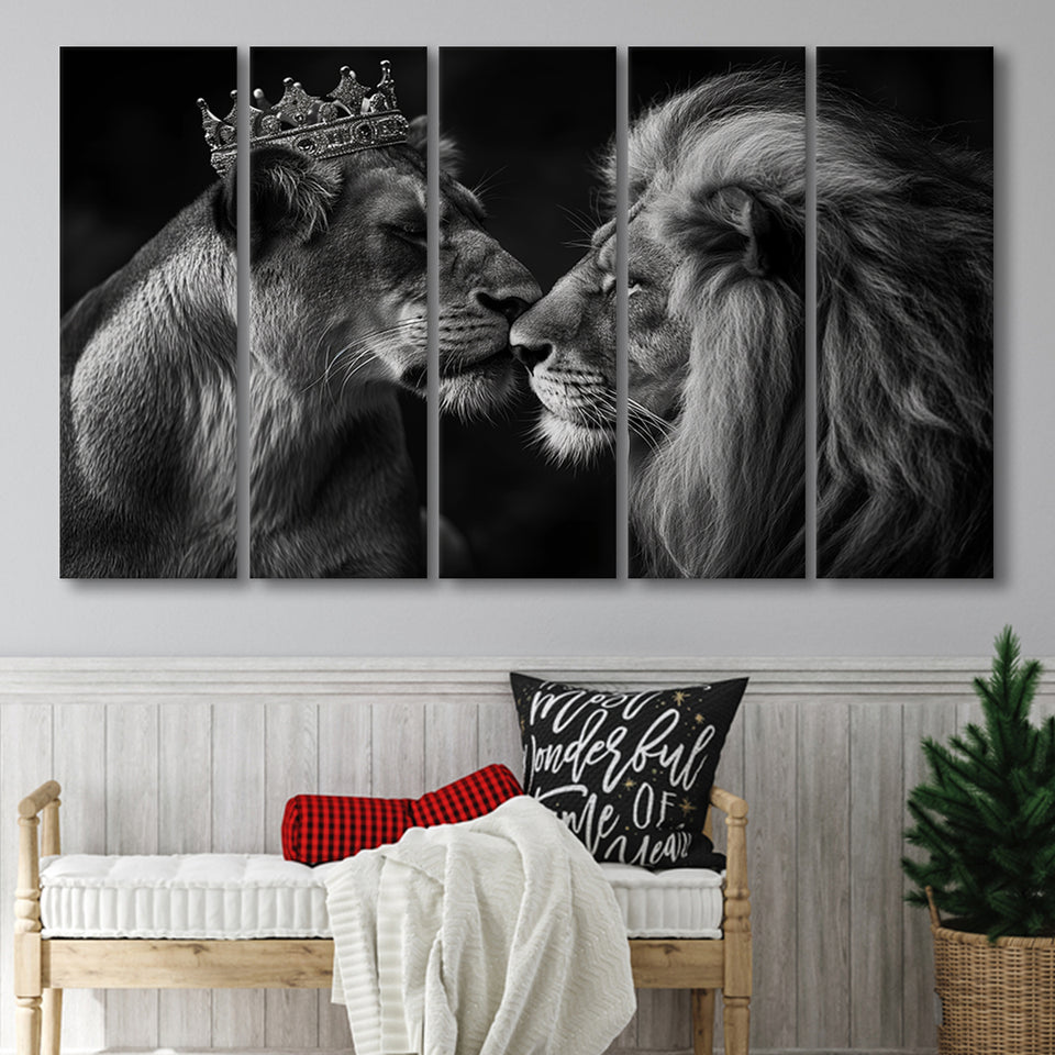 Black And White  Couple Lion King And Lioness, Extra Large Canvas, Canvas Print Wall Art Decor