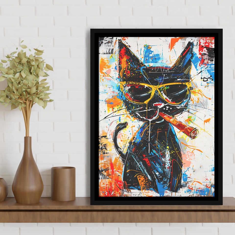 Black Cat Wearing Sungglasses And Smooking Cigar Painting, Framed Canvas Prints Wall Art Decor, Floarting Frame Painting Canvas