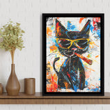Black Cat Wearing Sungglasses And Smooking Cigar Painting, Framed Canvas Prints Wall Art Decor, Floarting Frame Painting Canvas