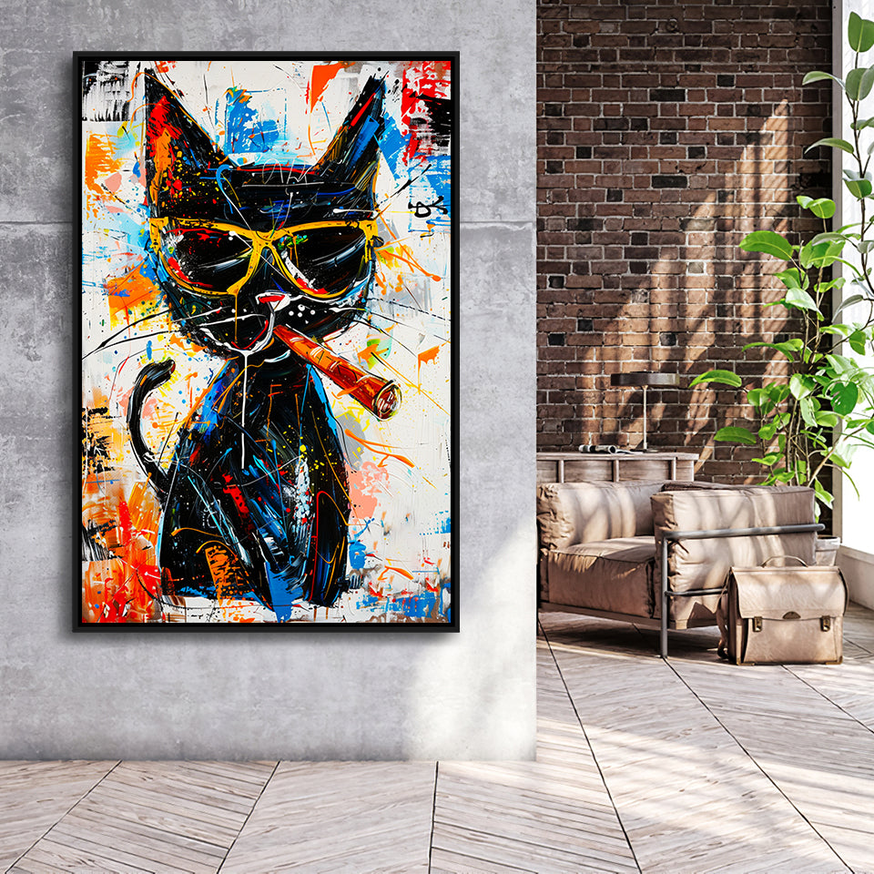 Black Cat Wearing Sungglasses And Smooking Cigar Painting, Framed Canvas Prints Wall Art Decor, Floarting Frame Painting Canvas