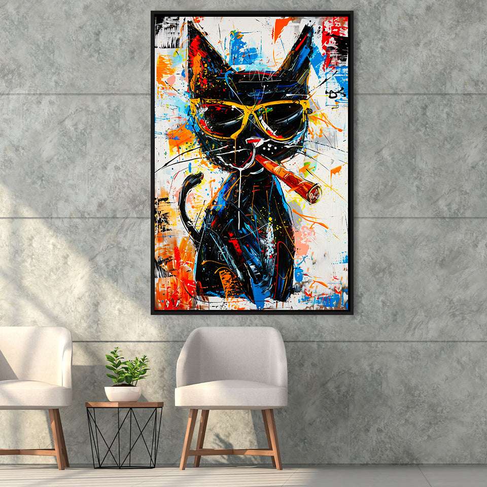 Black Cat Wearing Sungglasses And Smooking Cigar Painting, Framed Canvas Prints Wall Art Decor, Floarting Frame Painting Canvas