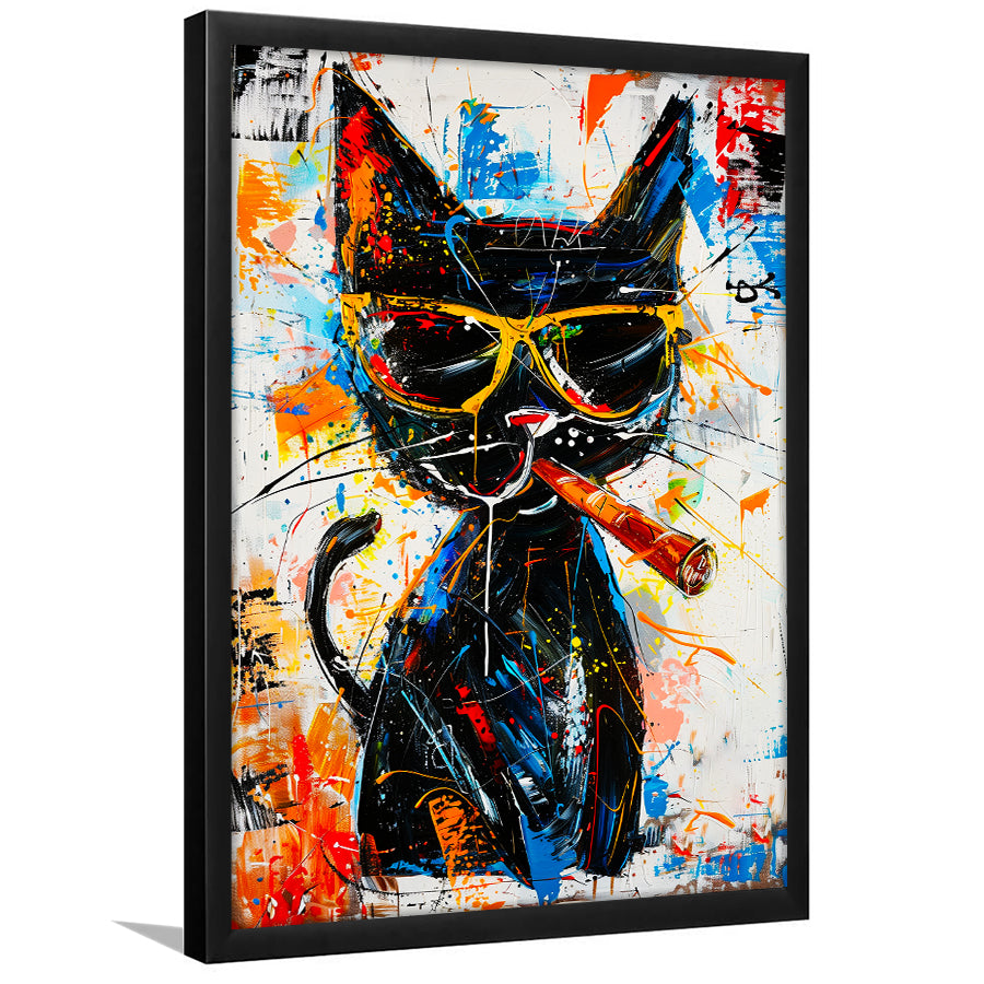 Black Cat Wearing Sungglasses And Smooking Cigar Painting, Framed Art Prints Wall Decor, Picture Framed Painting