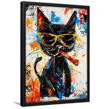 Black Cat Wearing Sungglasses And Smooking Cigar Painting, Framed Art Prints Wall Decor, Picture Framed Painting