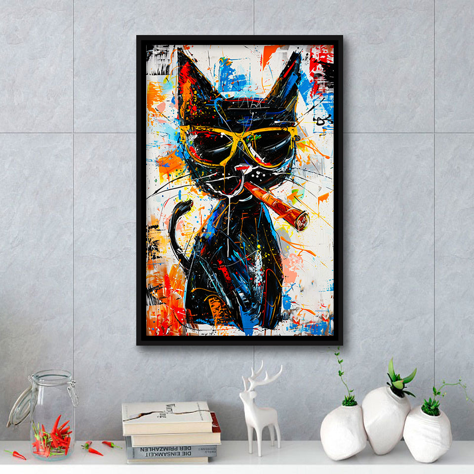 Black Cat Wearing Sungglasses And Smooking Cigar Painting, Framed Canvas Prints Wall Art Decor, Floarting Frame Painting Canvas