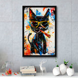 Black Cat Wearing Sungglasses And Smooking Cigar Painting, Framed Canvas Prints Wall Art Decor, Floarting Frame Painting Canvas