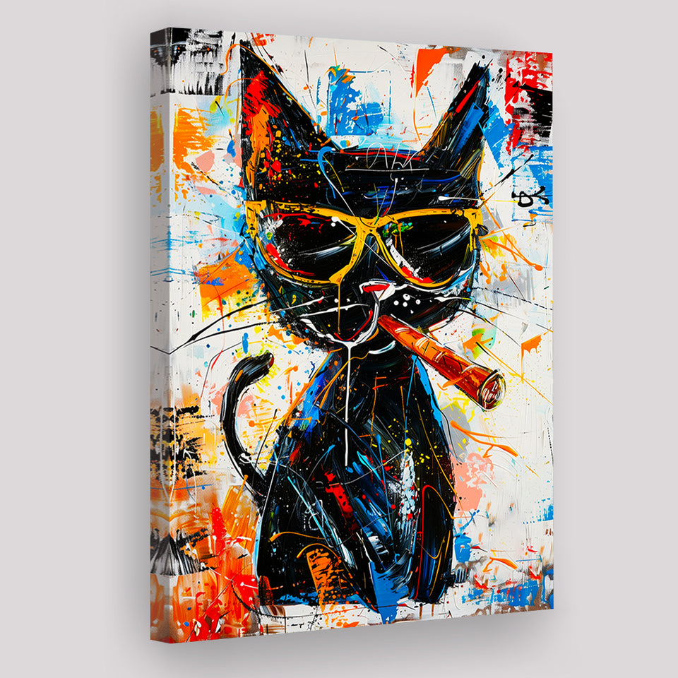 Black Cat Wearing Sungglasses And Smooking Cigar Painting, Canvas Prints Wall Art Home Decor, Painting Canvas Art