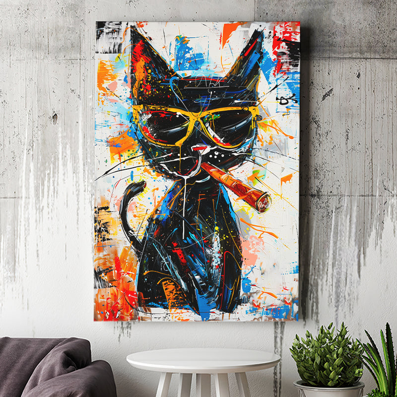 Black Cat Wearing Sungglasses And Smooking Cigar Painting, Canvas Prints Wall Art Home Decor, Painting Canvas Art