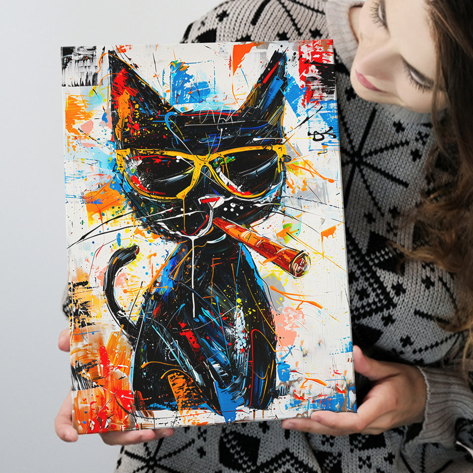 Black Cat Wearing Sungglasses And Smooking Cigar Painting, Canvas Prints Wall Art Home Decor, Painting Canvas Art