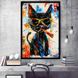 Black Cat Wearing Sungglasses And Smooking Cigar Painting, Framed Art Prints Wall Decor, Picture Framed Painting