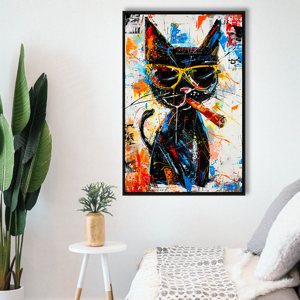 Black Cat Wearing Sungglasses And Smooking Cigar Painting, Framed Canvas Prints Wall Art Decor, Floarting Frame Painting Canvas